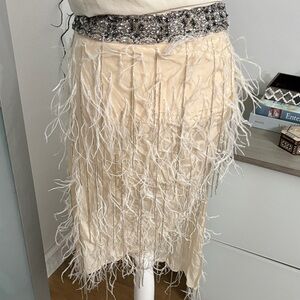 Haute Hippie Cream Feathered Pencil Skirt with Silver Embellishments